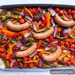 Sheet Pan Turkey Sausage with Roasted Peppers 11 Sheet pan of turkey sausages and vegetables.