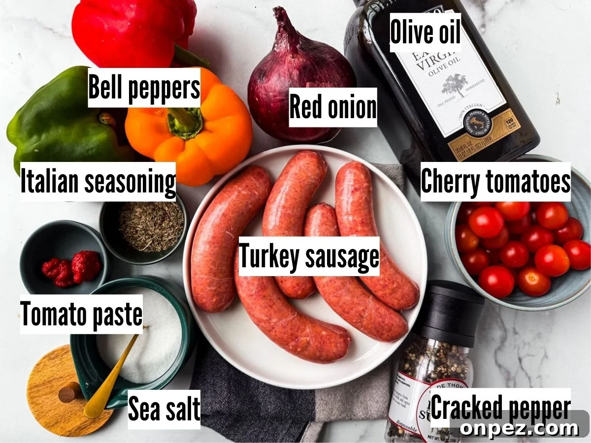 Sheet Pan Turkey Sausage with Roasted Peppers 3 Ingredients for sheet pan turkey sausage and peppers on a white marble background.