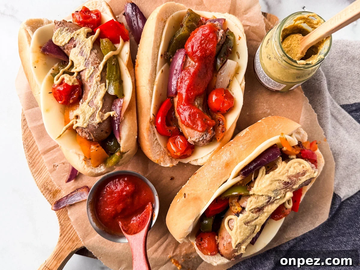 Sheet Pan Turkey Sausage with Roasted Peppers 6 Serving board of turkey sausage and peppers on buns with side of mustard and marinara.