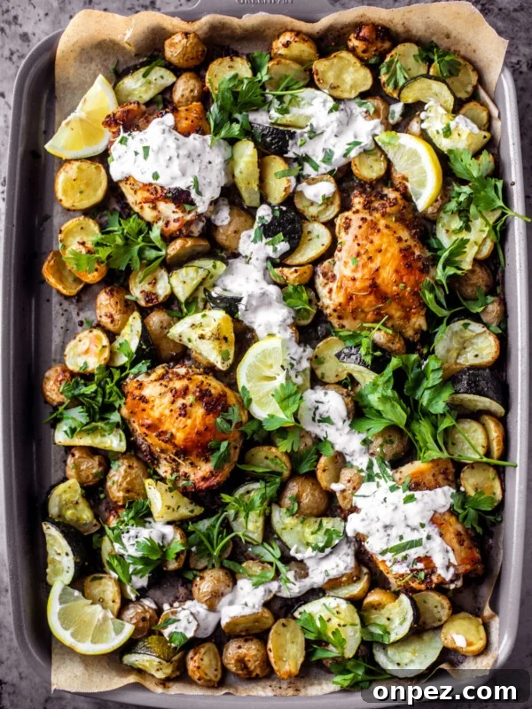 Sheet Pan Turkey Sausage with Roasted Peppers 7 Sheet pan covered in roasted chicken thighs, zucchini, potatoes, with a drizzle of yogurt sauce and fresh herbs.