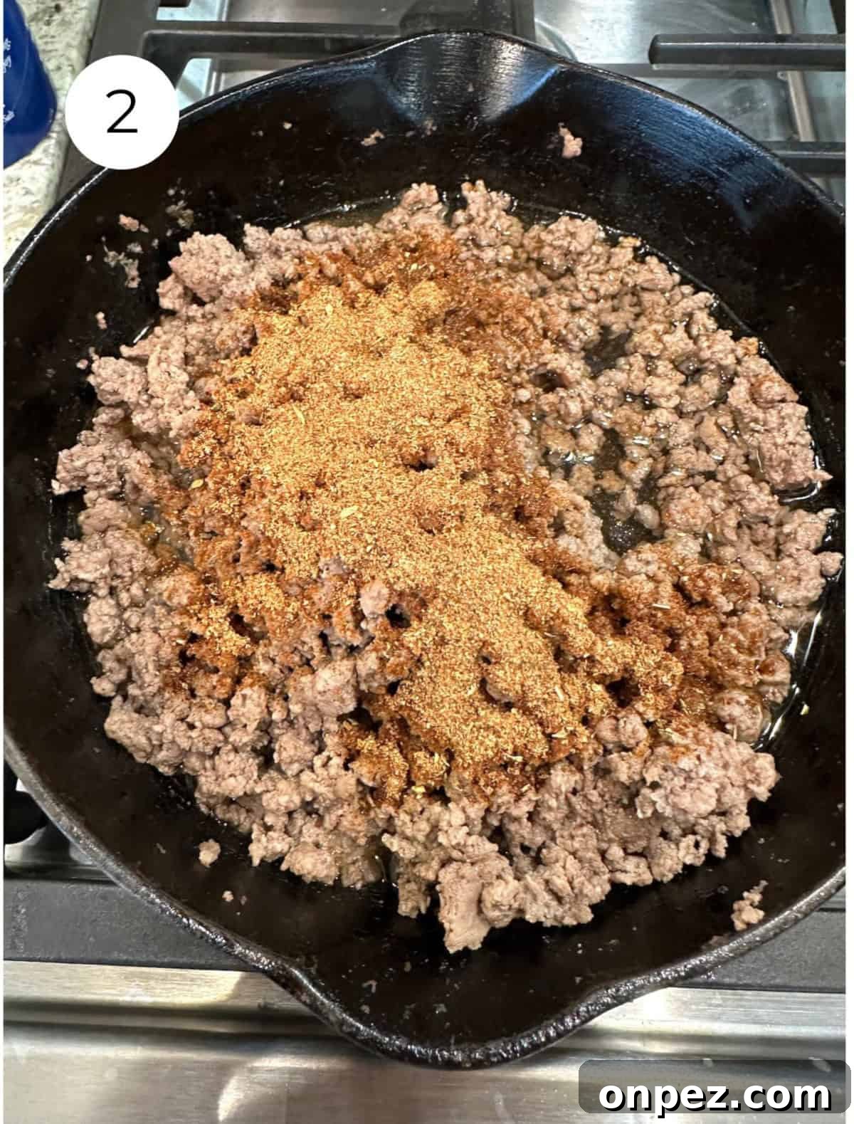 DIY Taco Seasoning Mix: Homemade Spice Blend 6 Cooked beef with taco seasoning spice in a skillet.