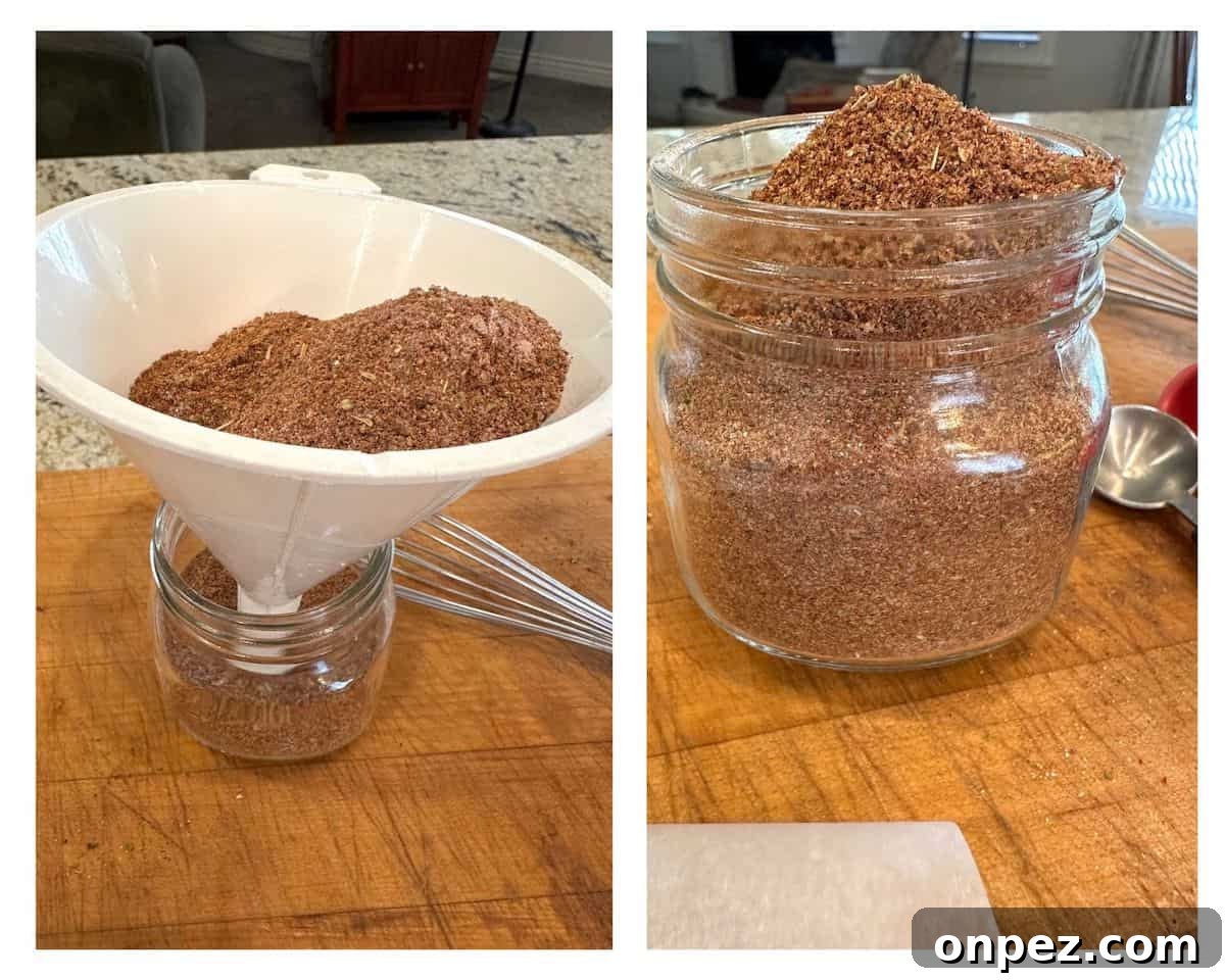 DIY Taco Seasoning Mix: Homemade Spice Blend 8 A funnel in a jar with taco seasoning and a jar full of the same seasoning.