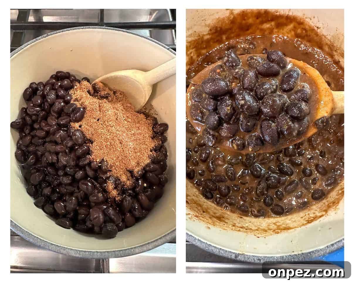 DIY Taco Seasoning Mix: Homemade Spice Blend 10 Two saucepans with beans and taco seasoning with a spoon on the side and a second photo with a spoon serving a scoop of beans.