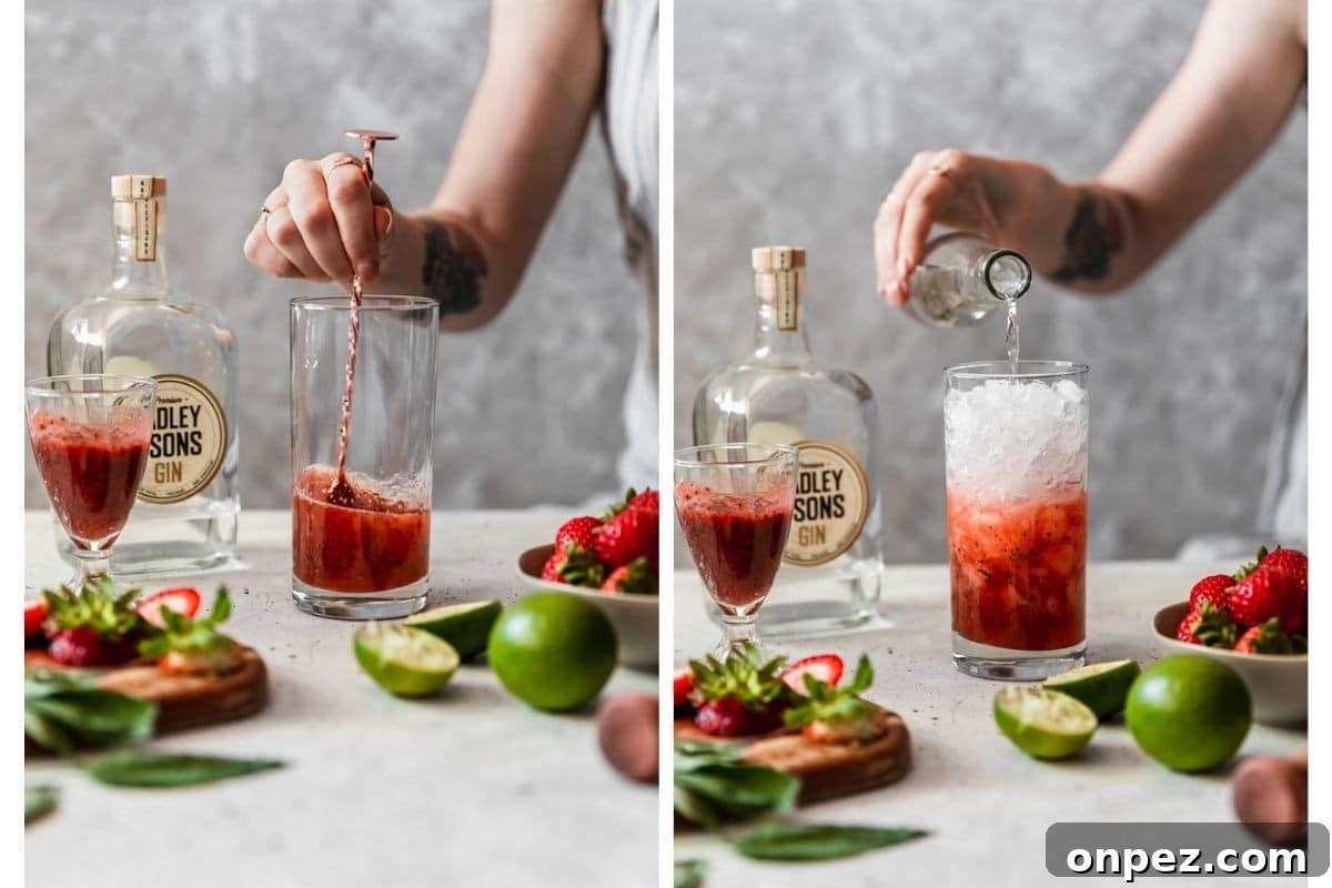Two images showing muddling strawberries in a glass and pouring club soda into the cocktail.