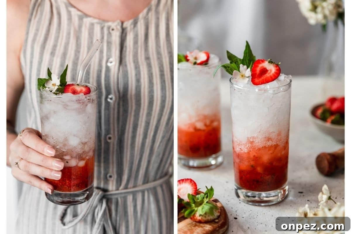 A woman holding a red cocktail and a side image of a strawberry gin cocktail on a table with strawberries and blossoms.