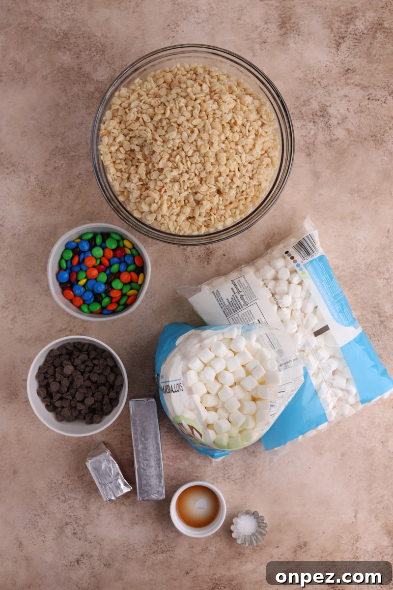 M&M Rice Krispie Treats Recipe 4 Bowls of Rice Krispies, M&Ms, chocolate chips, butter, and bags of mini marshmallows.