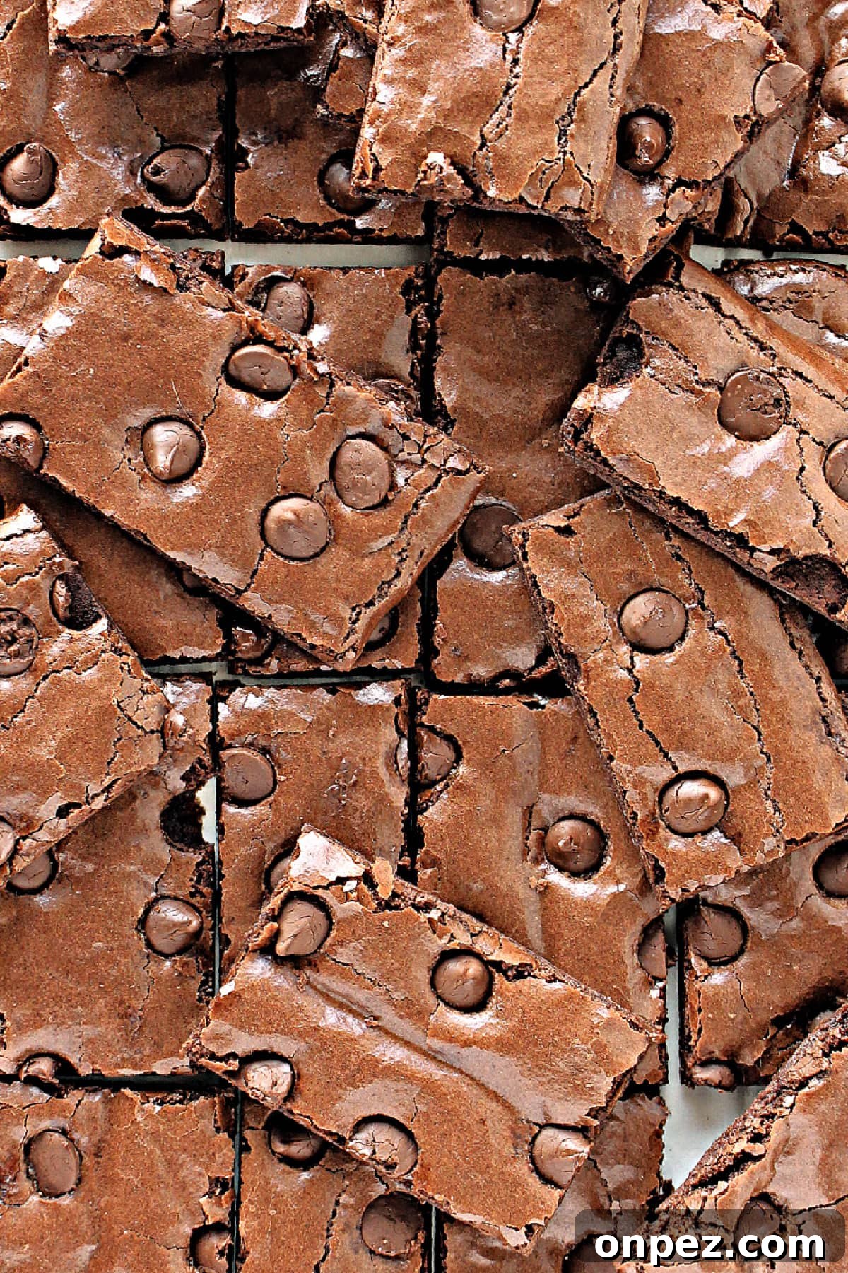 Gluten-Free Brownie Brittle: Crispy Chocolate Crunch 2 Thin rectangles of shiny brownie brittle with chocolate chips on top.