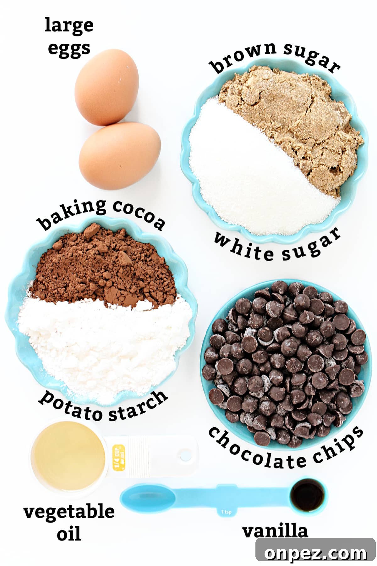 Gluten-Free Brownie Brittle: Crispy Chocolate Crunch 3 Ingredients labeled eggs, brown sugar, white sugar, cocoa, potato starch, chocolate chips, vegetable oil, vanilla.