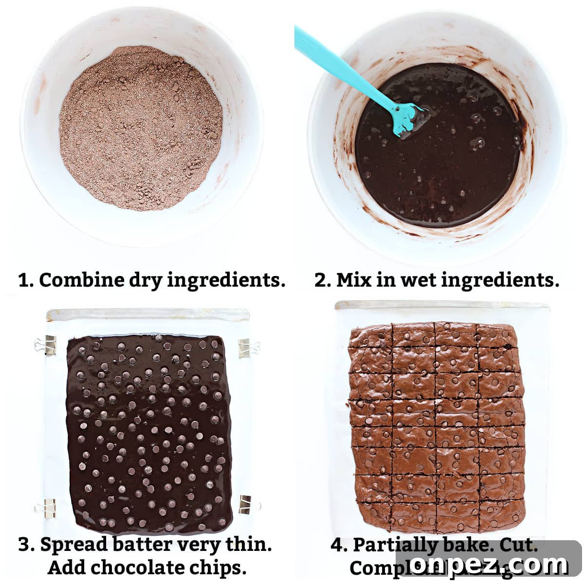 Gluten-Free Brownie Brittle: Crispy Chocolate Crunch 4 Instructions labeled: combine dry ingredients, add wet ingredients, spread on pan, bake, cut, bake again.