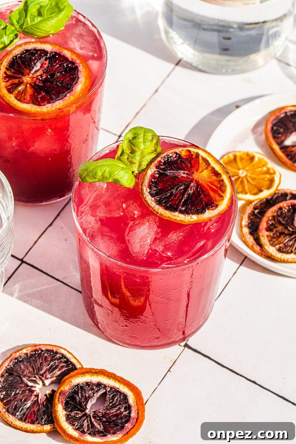 Two italian margaritas in low glasses topped with blood orange slices 