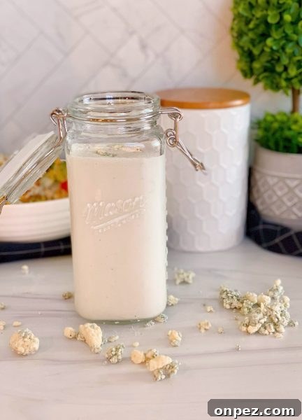 Blue Cheese Dressing in storage jar.