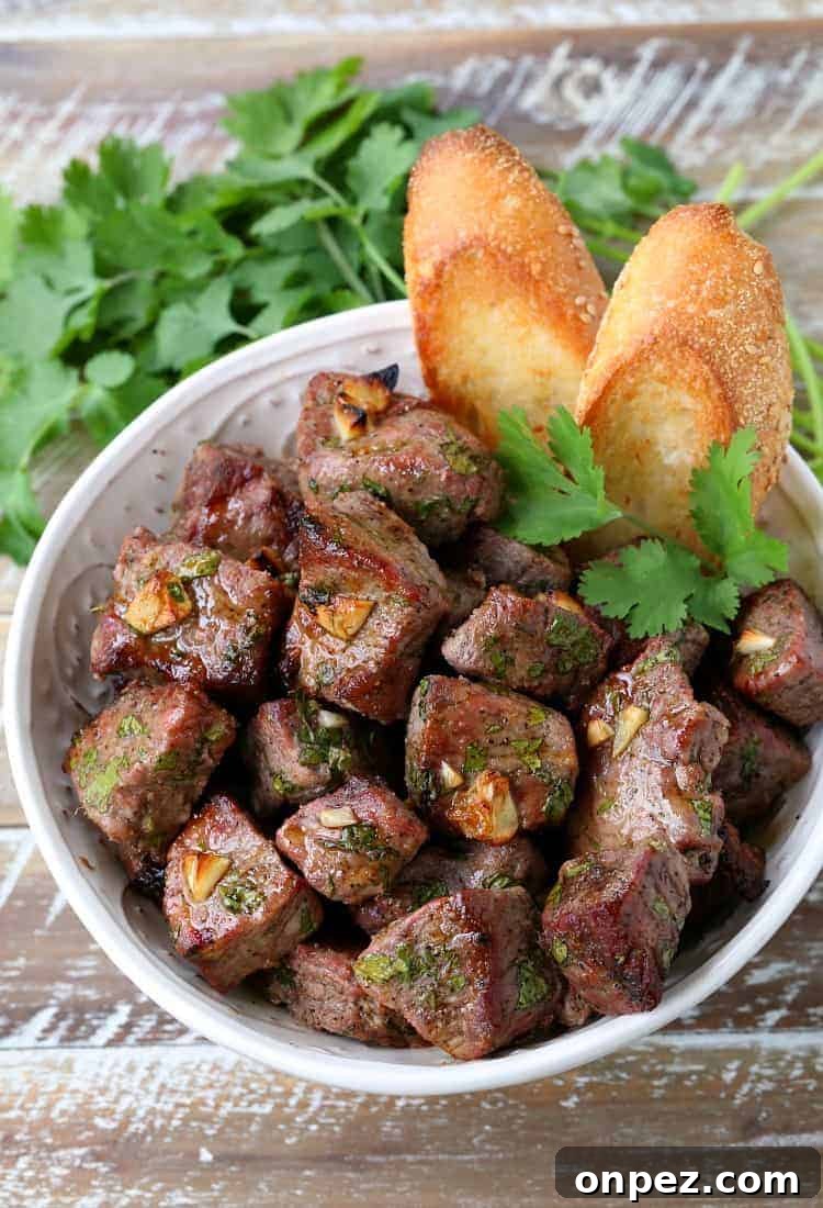 These Fiesta Steak Tips are so flavorful and easy to make! Perfectly seared beef tips that make for a delicious low carb appetizer or dinner! Marinated Fiesta Steak Tips Recipe in a bowl