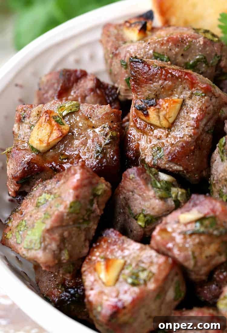 These Fiesta Steak Tips are so flavorful and easy to make! Perfectly seared beef tips that make for a delicious low carb appetizer or dinner! Fiesta Steak Tips close up in a bowl