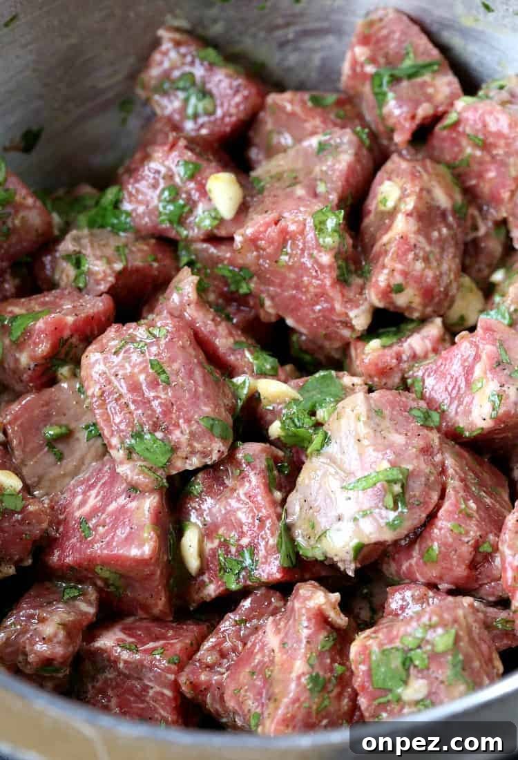 These Fiesta Steak Tips are so flavorful and easy to make! Perfectly seared beef tips that make for a delicious low carb appetizer or dinner! Marinated Steak Tips in a bowl