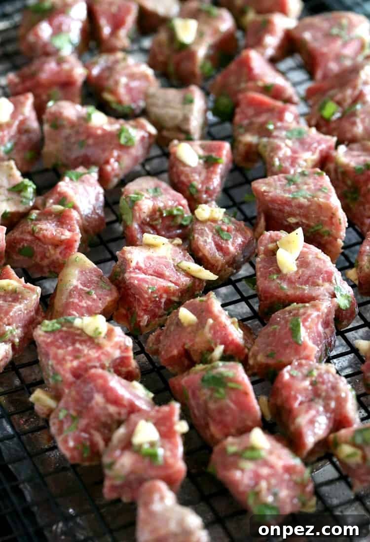 These Fiesta Steak Tips are so flavorful and easy to make! Perfectly seared beef tips that make for a delicious low carb appetizer or dinner! Fiesta Steak Tips on a rack going into the oven