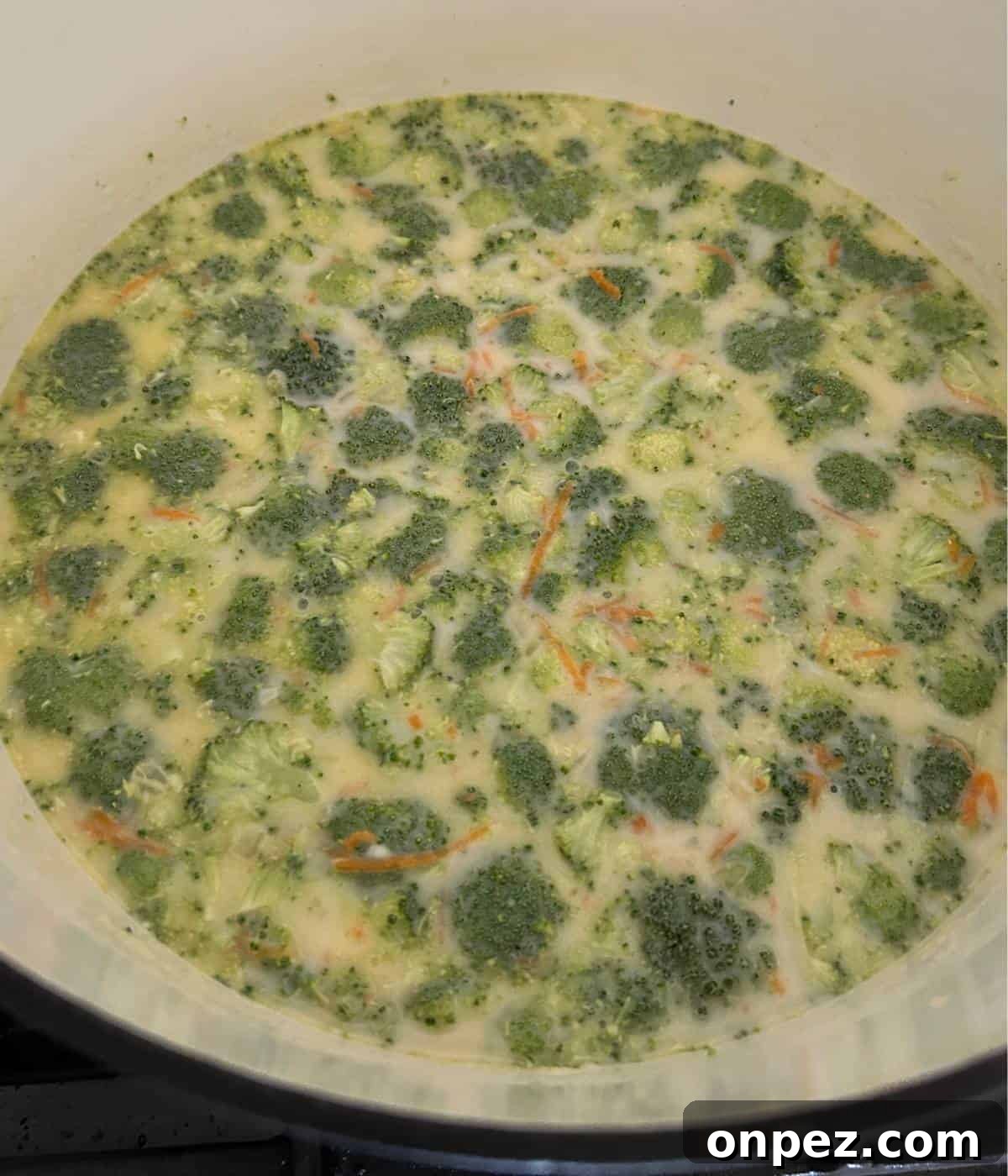 Creamy Chicken and Broccoli Cheddar Soup Recipe 7 Broccoli cooking in stock in dutch oven.