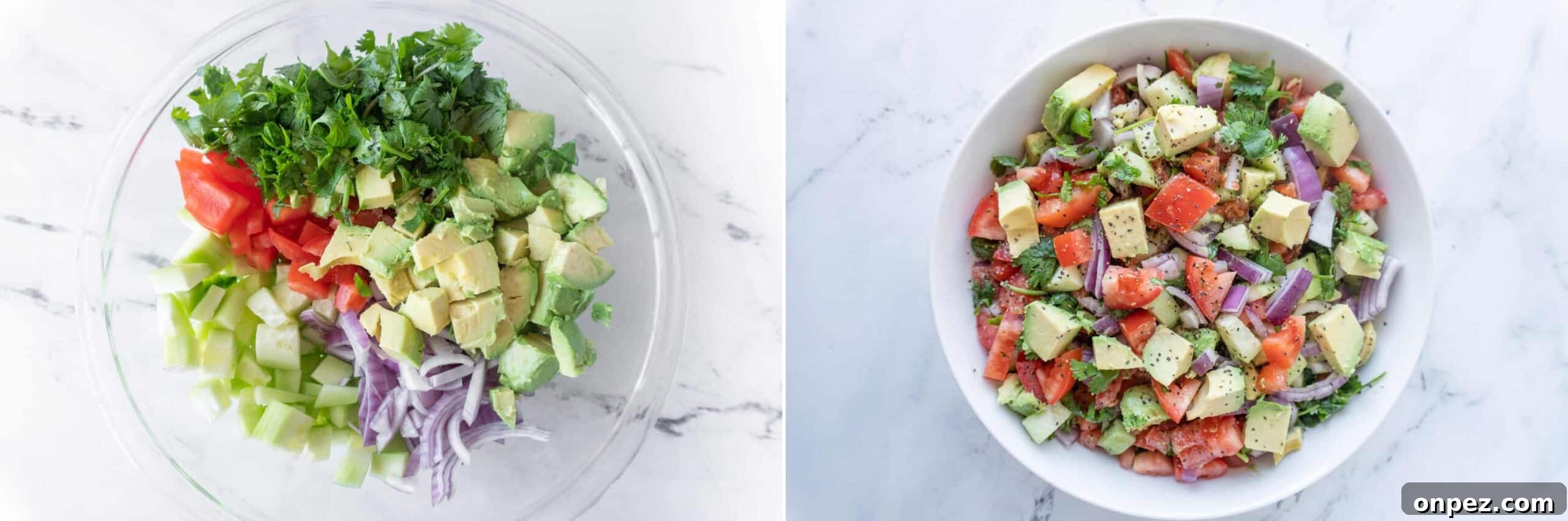 This cucumber avocado salad is easy to make and perfect for summer! You will want to make this again and again! #avocado #easy #healthy #Mediterranean #atablefulofjoy #onion #simple #avocado #cucumber Cucumber Avocado Salad before and after mixing