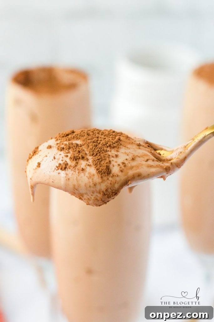Tiramisu Mousse served in glasses: creamy chocolate mousse with coffee flavor.