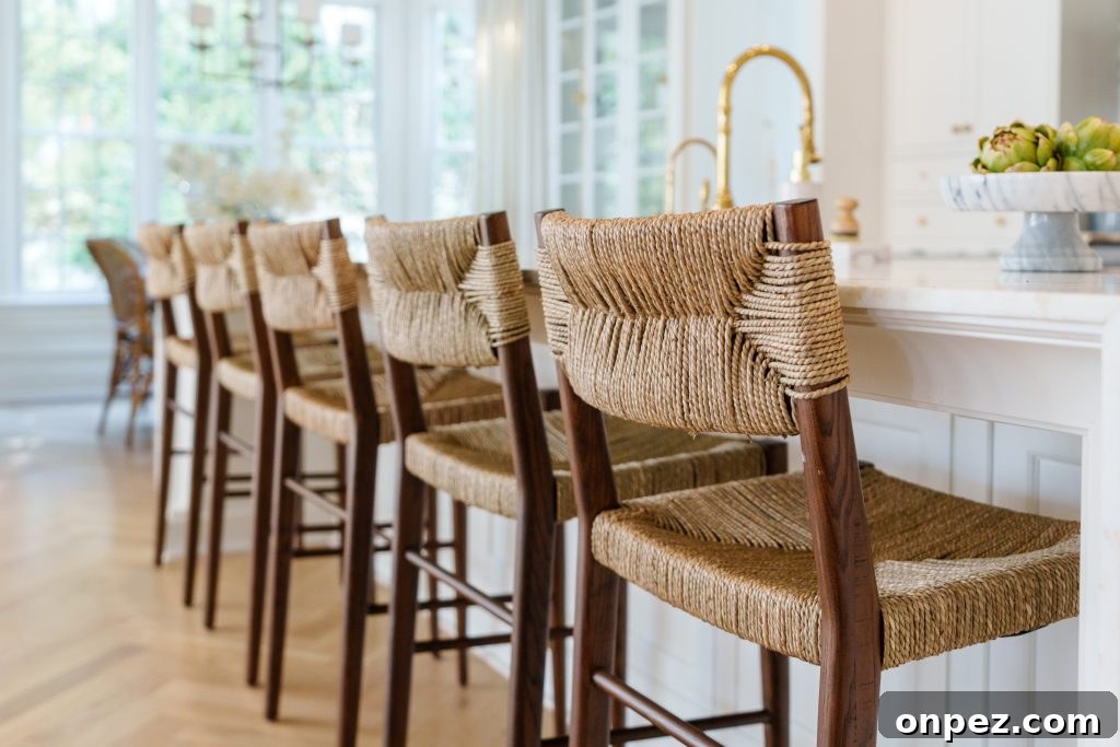 close up of seagrass back on the Portside counter stools
