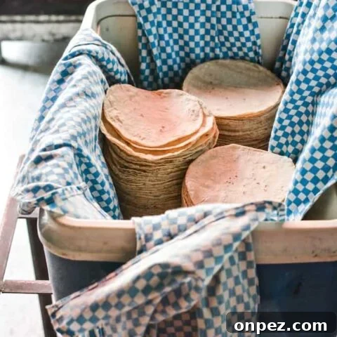 Stacks of tortillas in a cooler on top of blue and white towels.