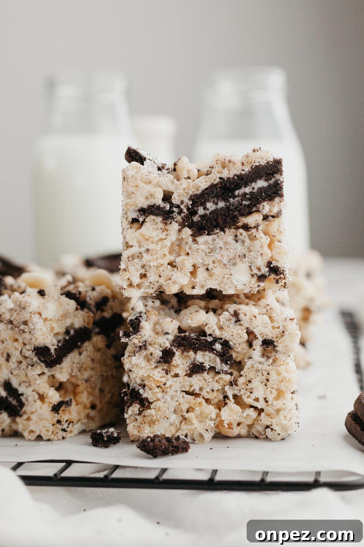 A stack of two Oreo rice krispie treats.