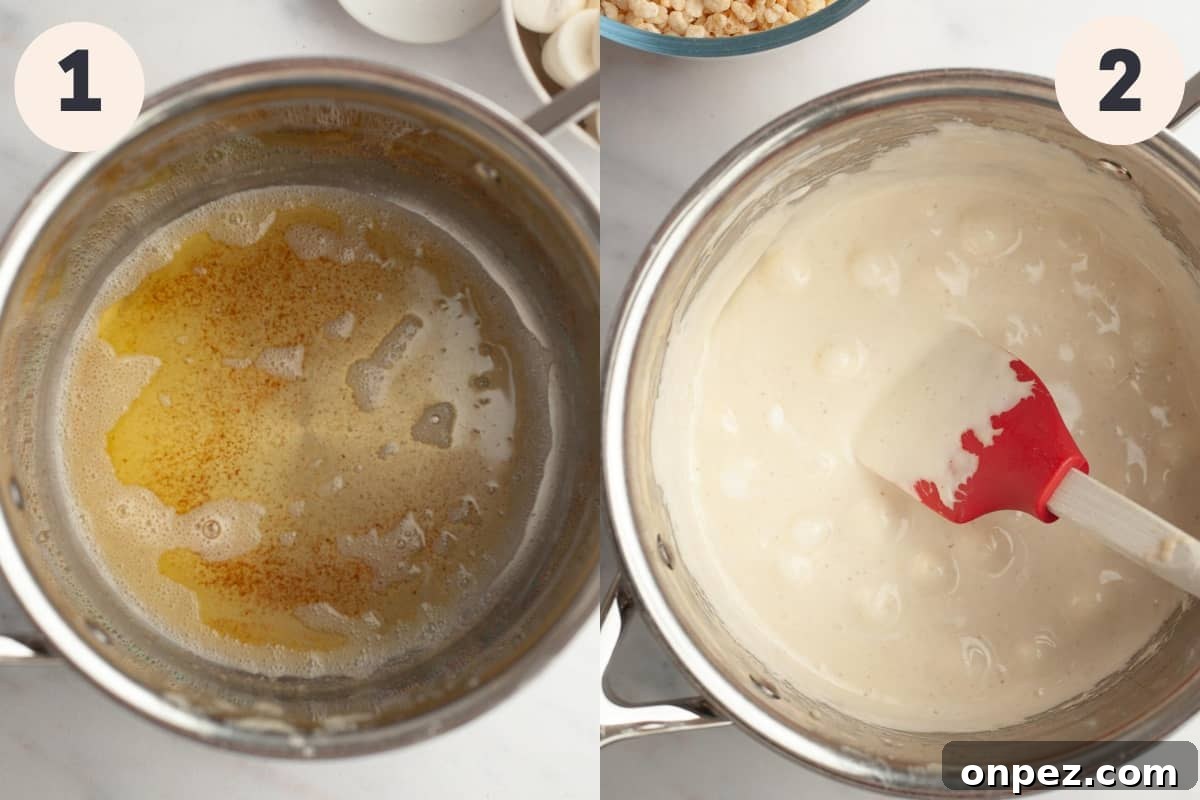 Brown butter in a saucepan and a pan with melted marshmallows.