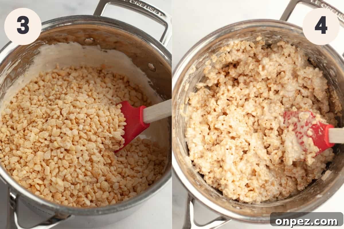 A large saucepan with rice krispie treat mixture in it.