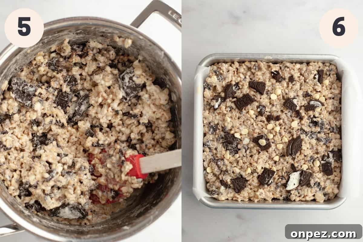 Oreo rice krispie treat mixture in a pot and in a square baking pan.