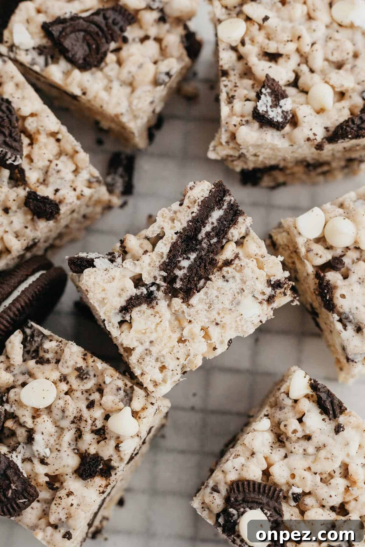 Oreo rice krispie treats on parchment paper.