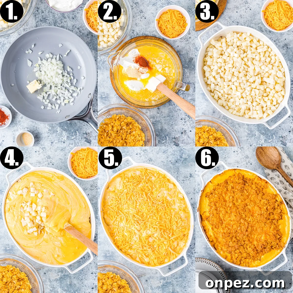 Classic Funeral Potatoes: Creamy Hashbrown Casserole Recipe 5 A collage of six photos showing the steps to make funeral potatoes.