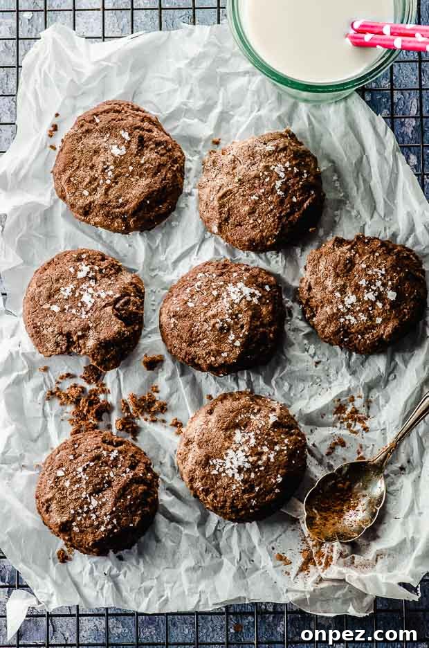 Birds eye view of a bunch of double chocolate chip cookies