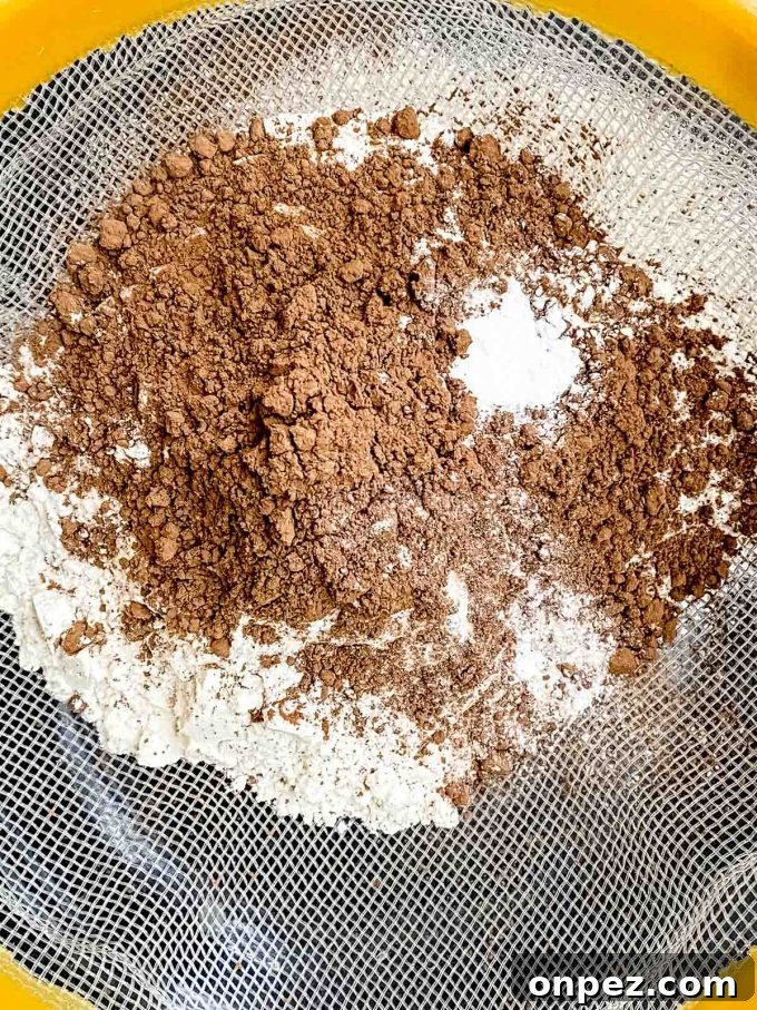 Sifting flour and cocoa powder