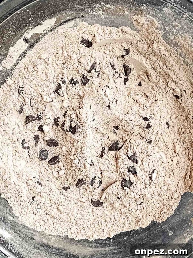 Chocolate chips added to flour/cocoa mixture