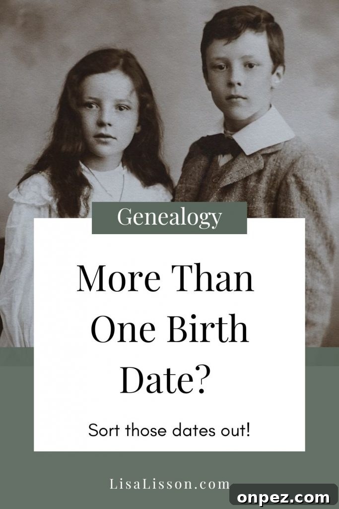 Black and white photograph of a young boy and girl with text about having more than one birth date