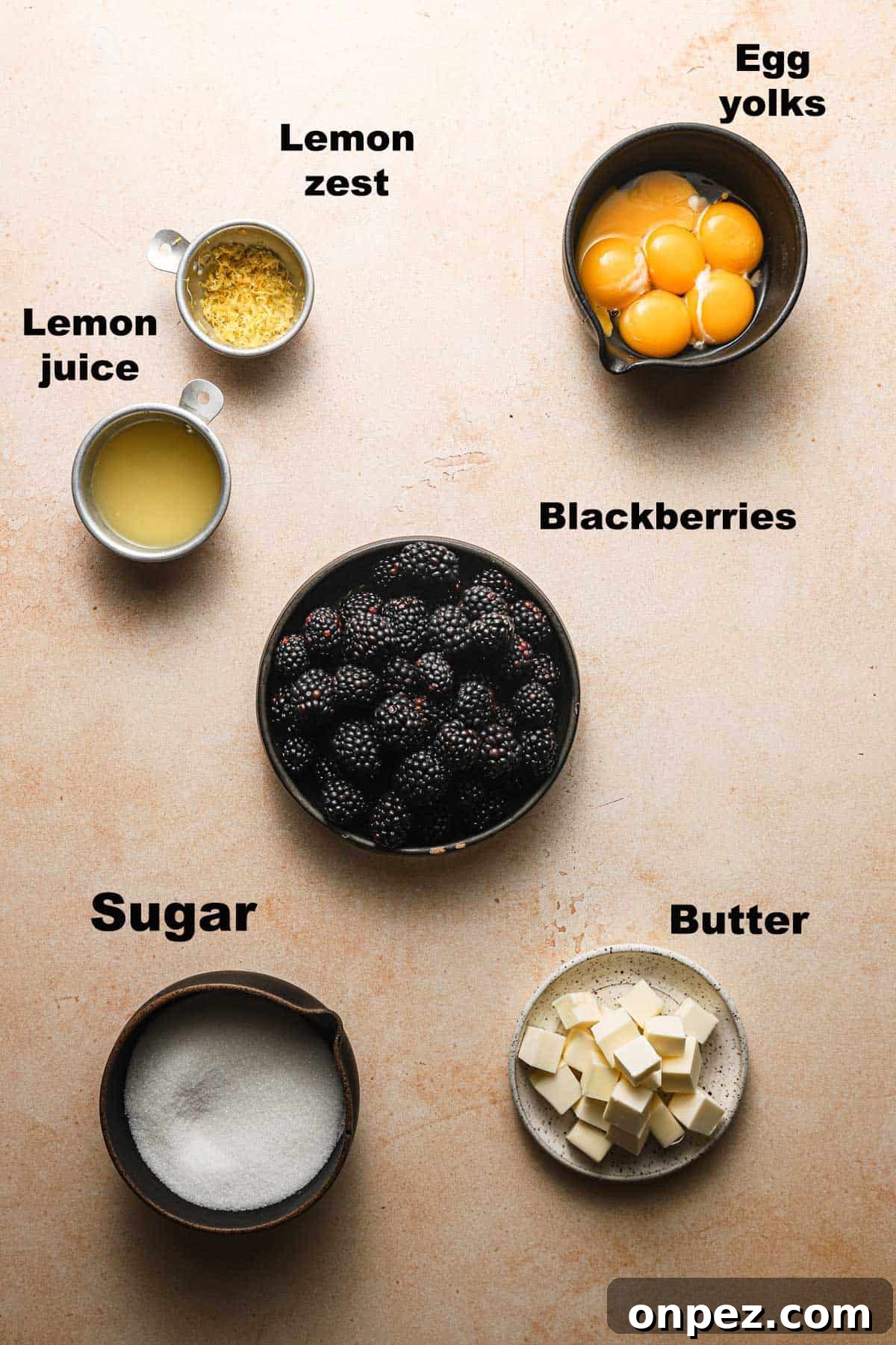 Ingredients for homemade blackberry curd.