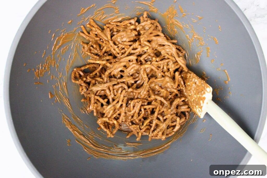 Microwave Easter Bird's Nest Haystacks Recipe 6 fold chow mein noodles into the chocolate mixture