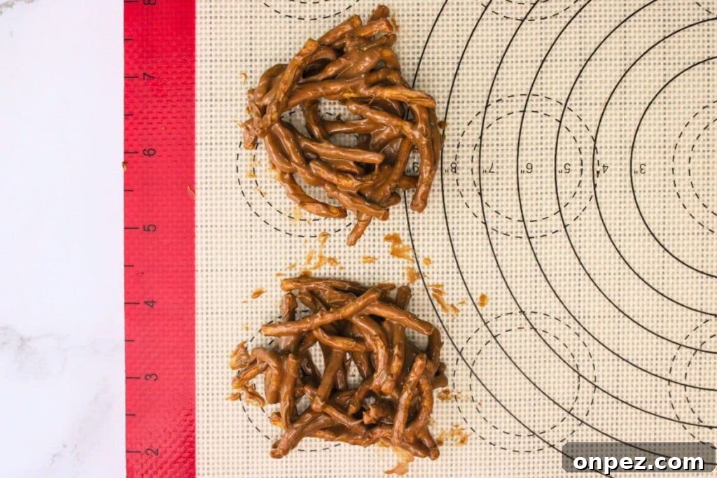 Microwave Easter Bird's Nest Haystacks Recipe 7 spoon chocolate coated noodles on the parchment paper