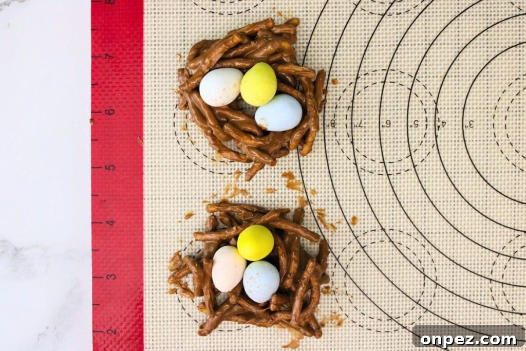 Microwave Easter Bird's Nest Haystacks Recipe 8 add 3 candy eggs to each chocolate nest