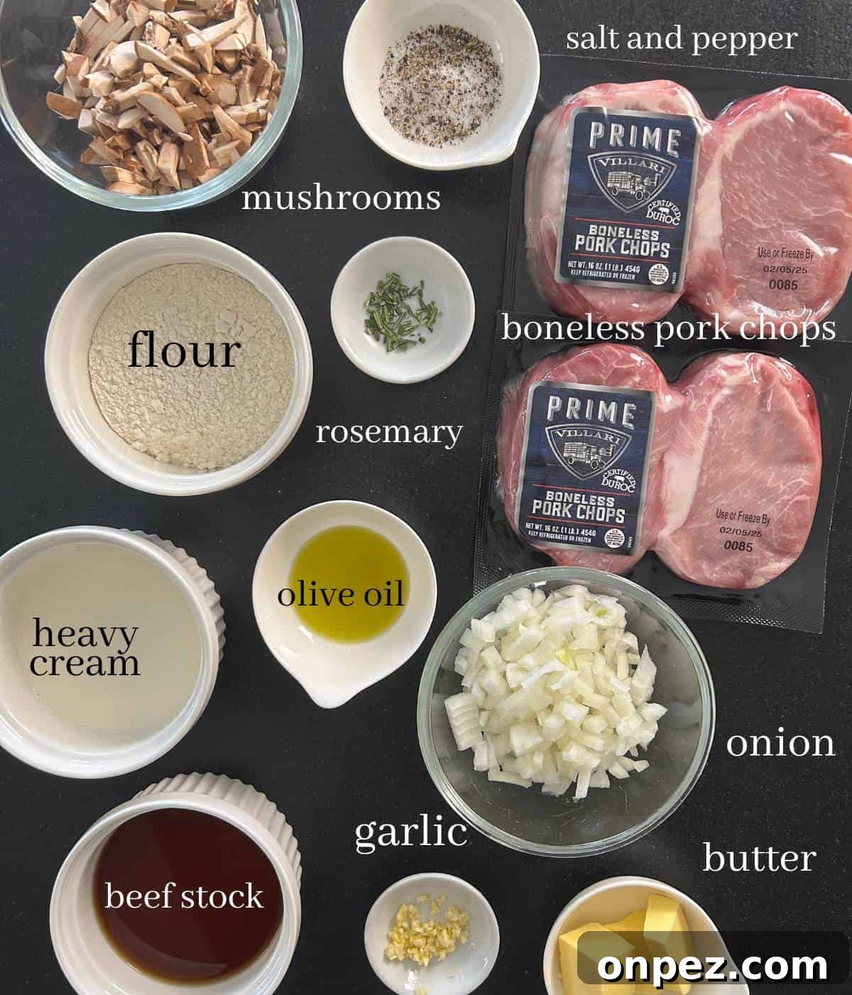 Dutch Oven Pork Chops with Tender Gravy 3 Ingredients for pork chops on counter.