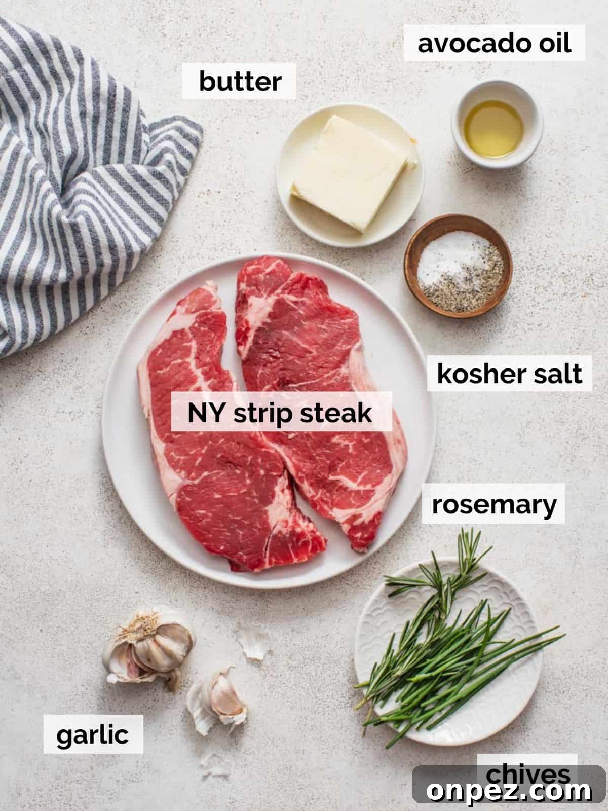 Ingredients for air fryer New York strip steak with chive compound butter.