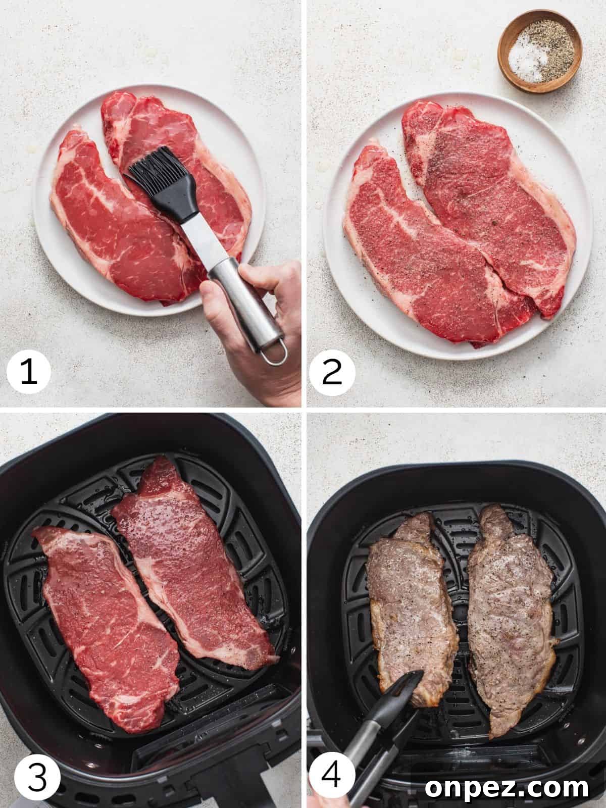 Four process photos showing how to cook a NY strip steak in the air fryer.