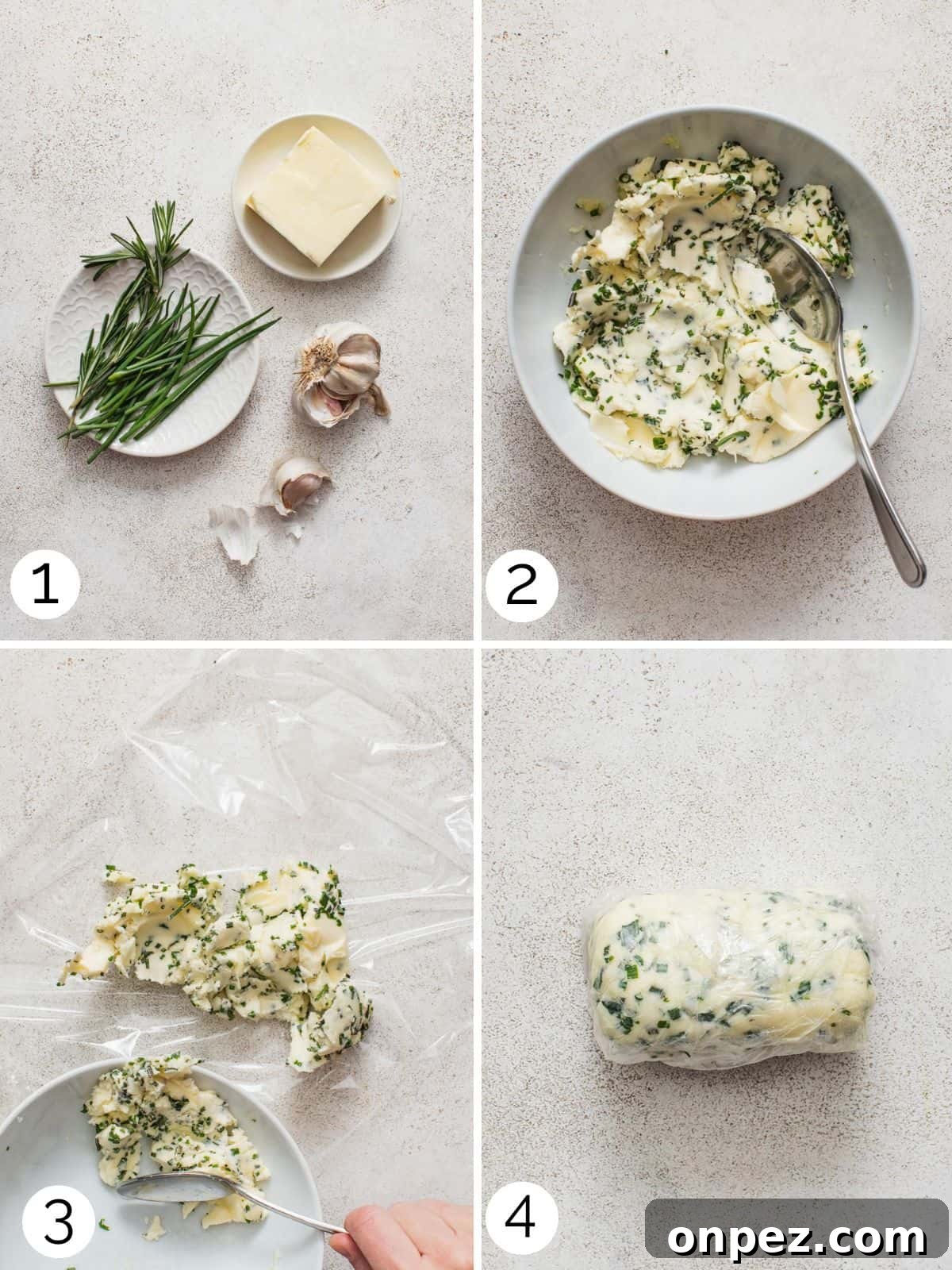 Four process shots showing how to make a chive garlic compound butter and roll it into a log for storage.