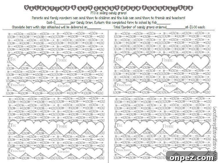 Free Printable Valentine's Day Candy Gram Templates 4 Free Printable Valentine's Day Candy Gram order form grey(for copiers) with blanks that can be filled in to customize your PTO event.