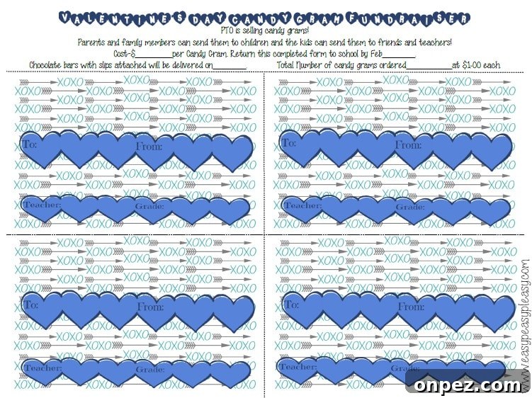 Free Printable Valentine's Day Candy Gram Templates 6 Free Printable Valentine's Day Candy Gram order form blue with blanks that can be filled in and customized for your PTO event.