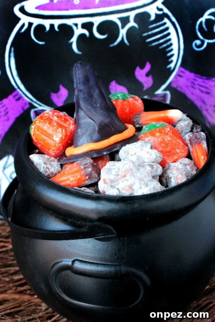 Halloween Witch Hat Puppy Chow Snack Mix 2 Witch Hat Puppy Chow Snack - finished bowl