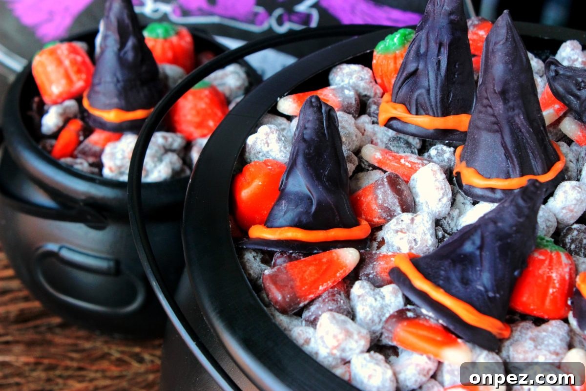 Halloween Witch Hat Puppy Chow Snack Mix 10 Bagged witch hat puppy chow ready to gift