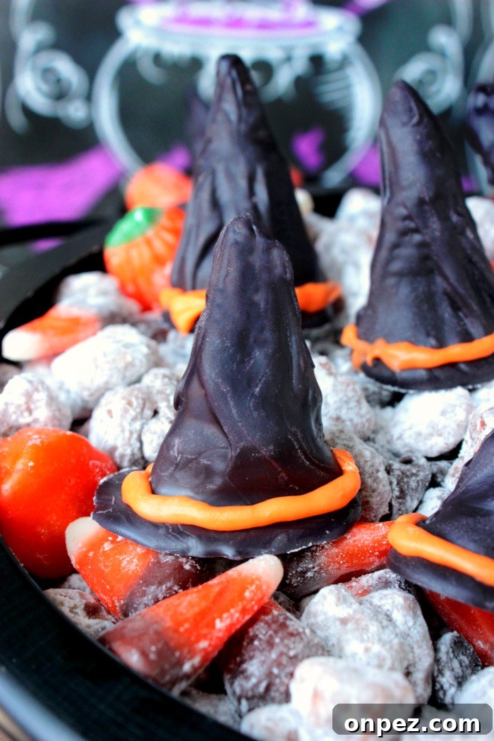 Halloween Witch Hat Puppy Chow Snack Mix 6 Puppy chow with witch hats sprinkled on top