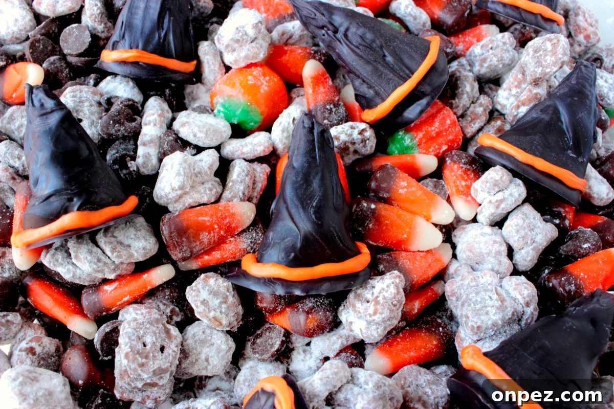 Halloween Witch Hat Puppy Chow Snack Mix 7 Bowl of finished Witch Hat Puppy Chow Snack Mix
