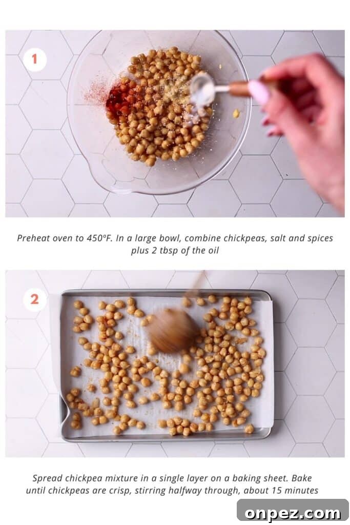 Spicy Vegan Buffalo Chickpea Wrap Recipe 4 A tray filled with seasoned chickpeas arranged in a single layer, ready to be baked.