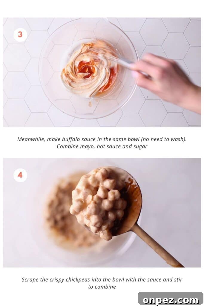 Spicy Vegan Buffalo Chickpea Wrap Recipe 5 A bowl with buffalo sauce made of mayo, hot sauce, and sugar, with crispy chickpeas stirred in.